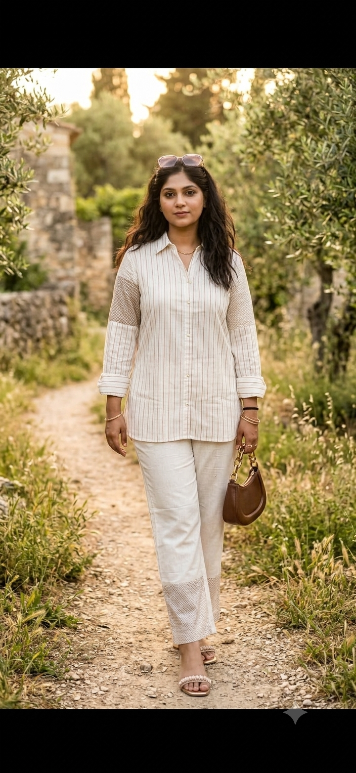 The Jute Texture Bird-Collar Shirt Set