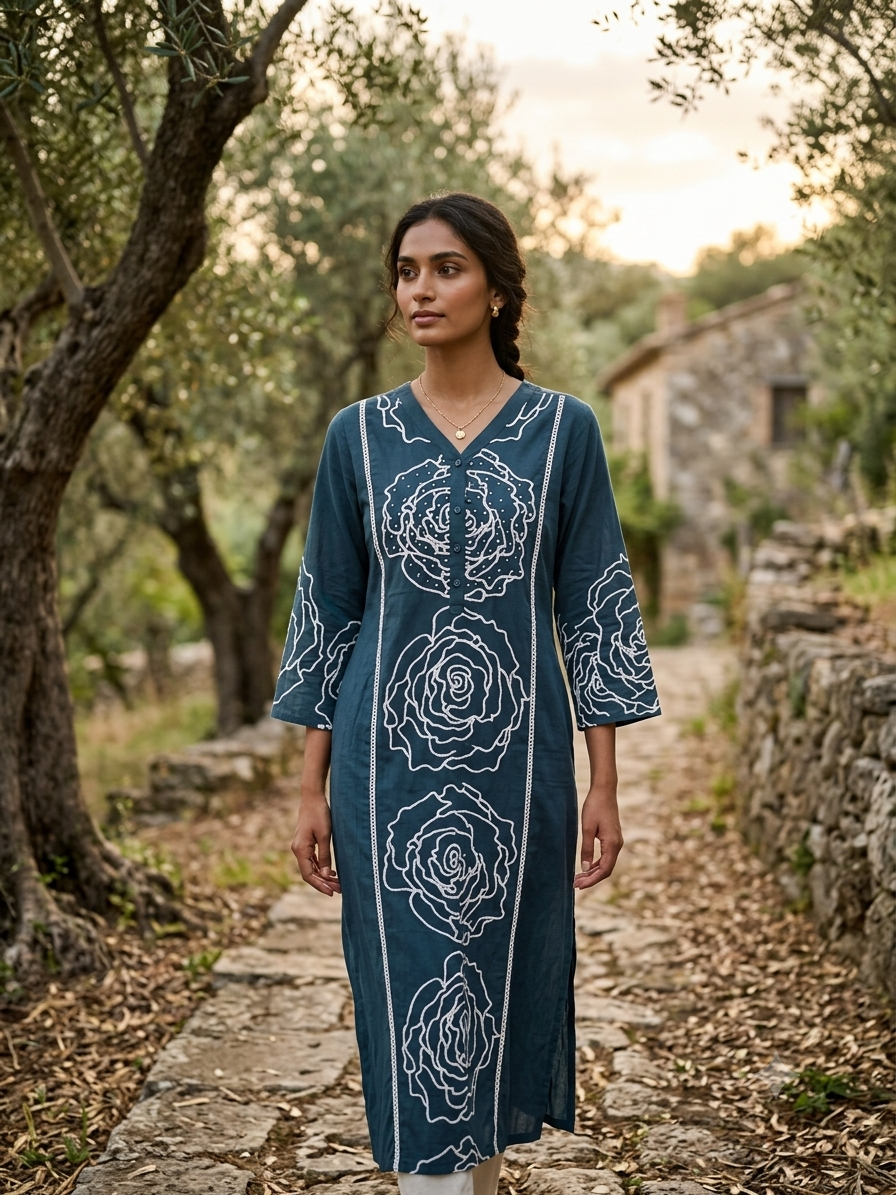 The Dark Teal Floral Line-Art Kurta Pants