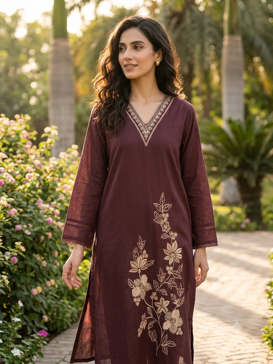 Cocoa Bloom Embroidered Kurta Set