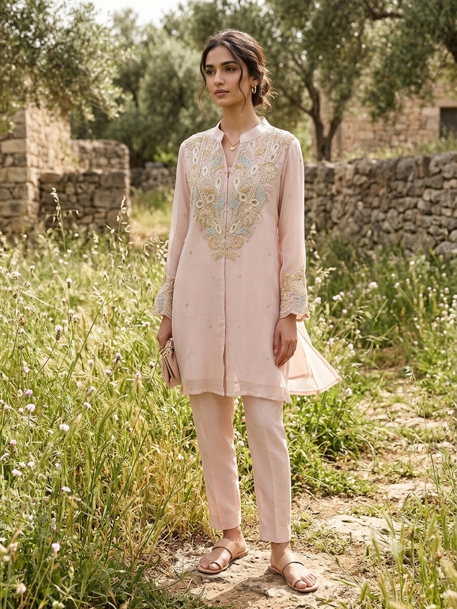 Pastel Rose Cutwork Embroidered coord set