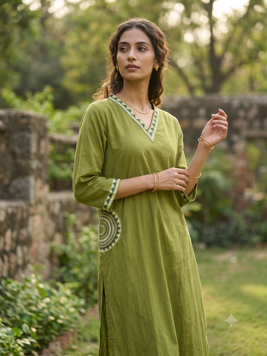 Mehendi Green Geometric Lace-Trim Suit Set