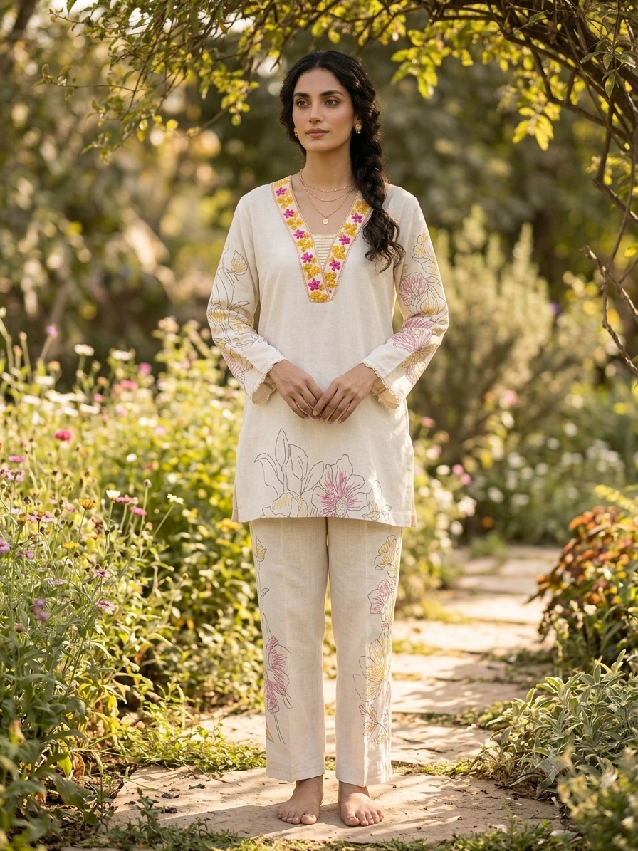 Cream Botanical Line-Art Suit Set