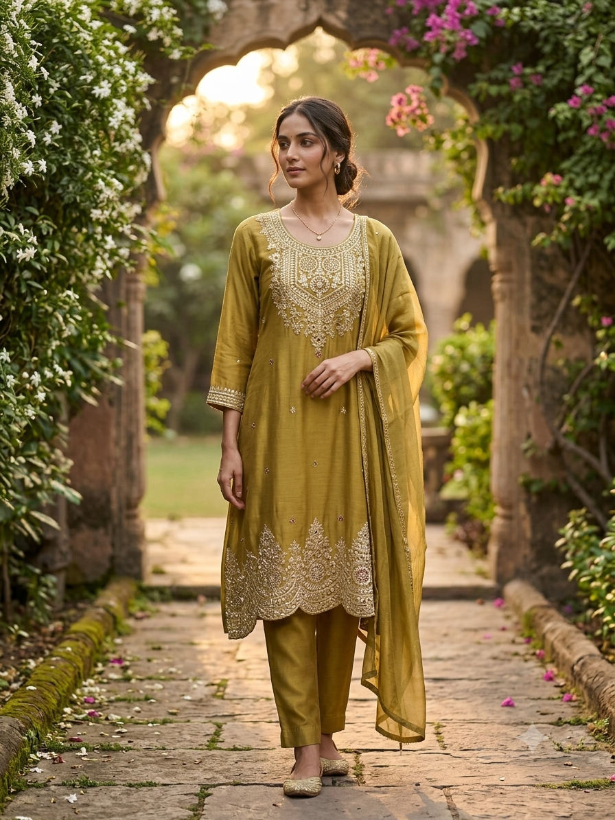 The Olive Gold Zardozi Anarkali Kurta Set