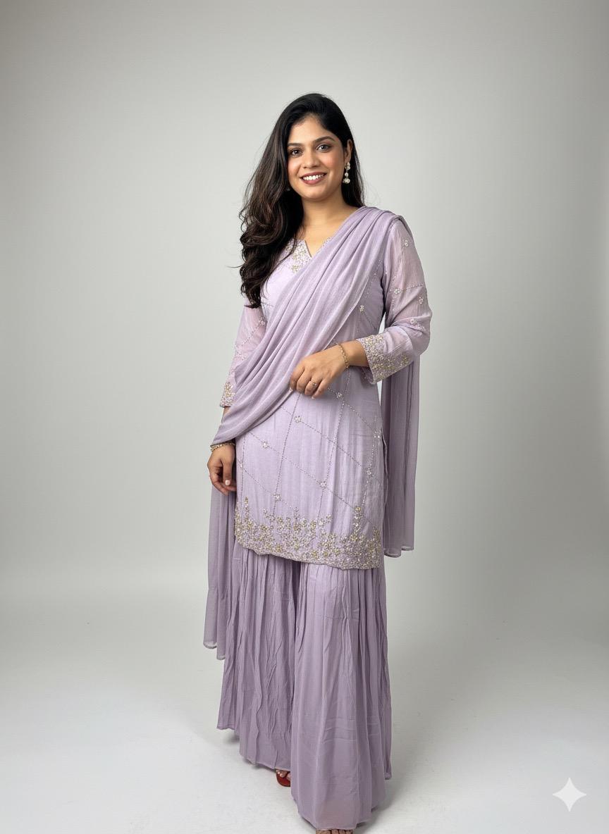 Lilac Jaal Sequined Short Kurta Set