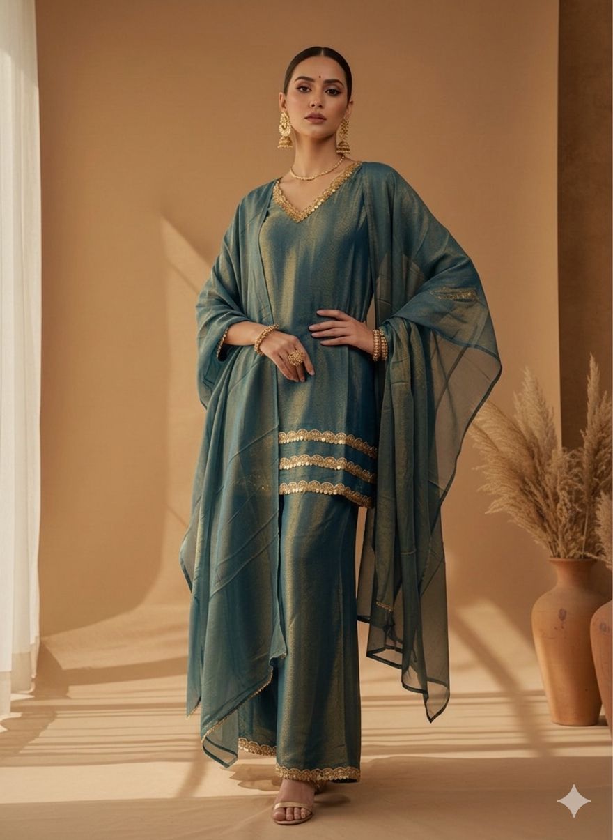 Sitara Teal & Gold Tissue Suit Set