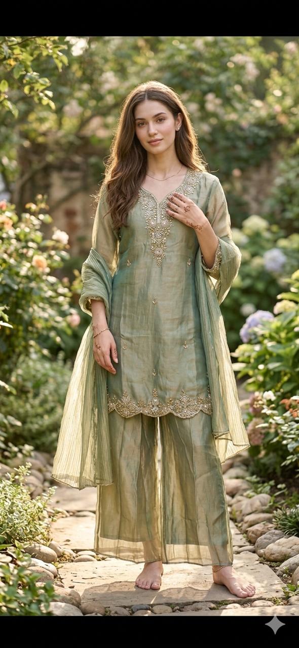 Nazakat Sage Green Organza Sharara Set