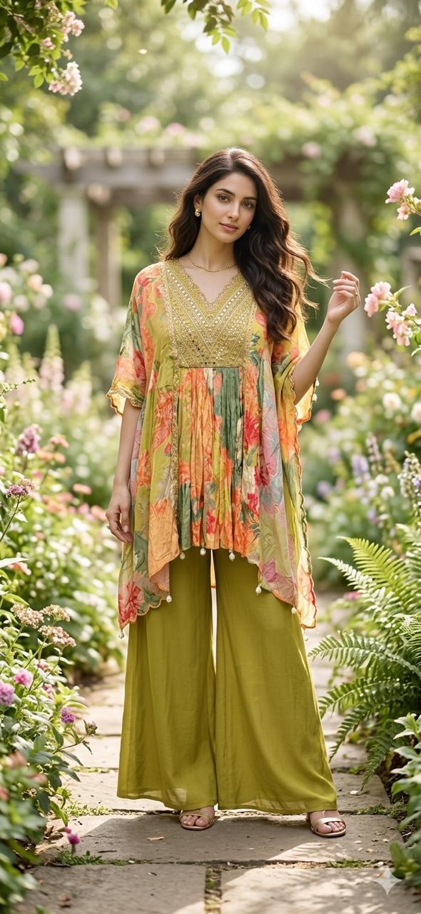 Gulnaaz Olive & Floral Kaftan Sharara Set