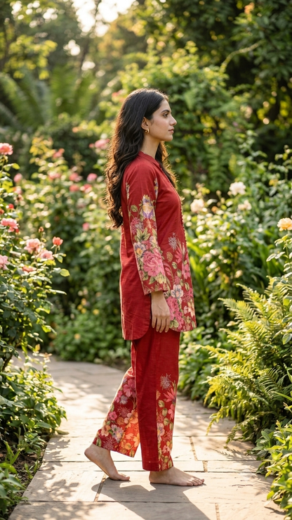Crimson Bloom Cotton Co-ord Set ❤️🌸