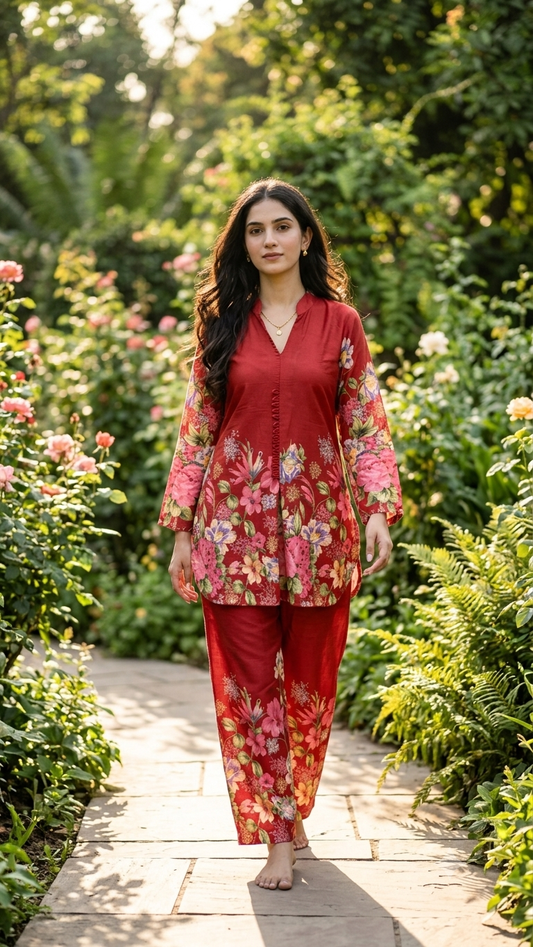 Crimson Bloom Cotton Co-ord Set ❤️🌸