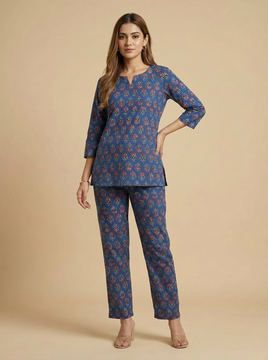 Indigo Bloom Ajrakh-Inspired Cotton Fabric