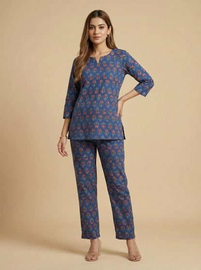 Indigo Bloom Ajrakh-Inspired Cotton Fabric