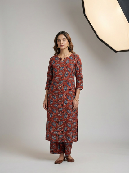 Rust Heritage Leaf Printed Cotton Fabric