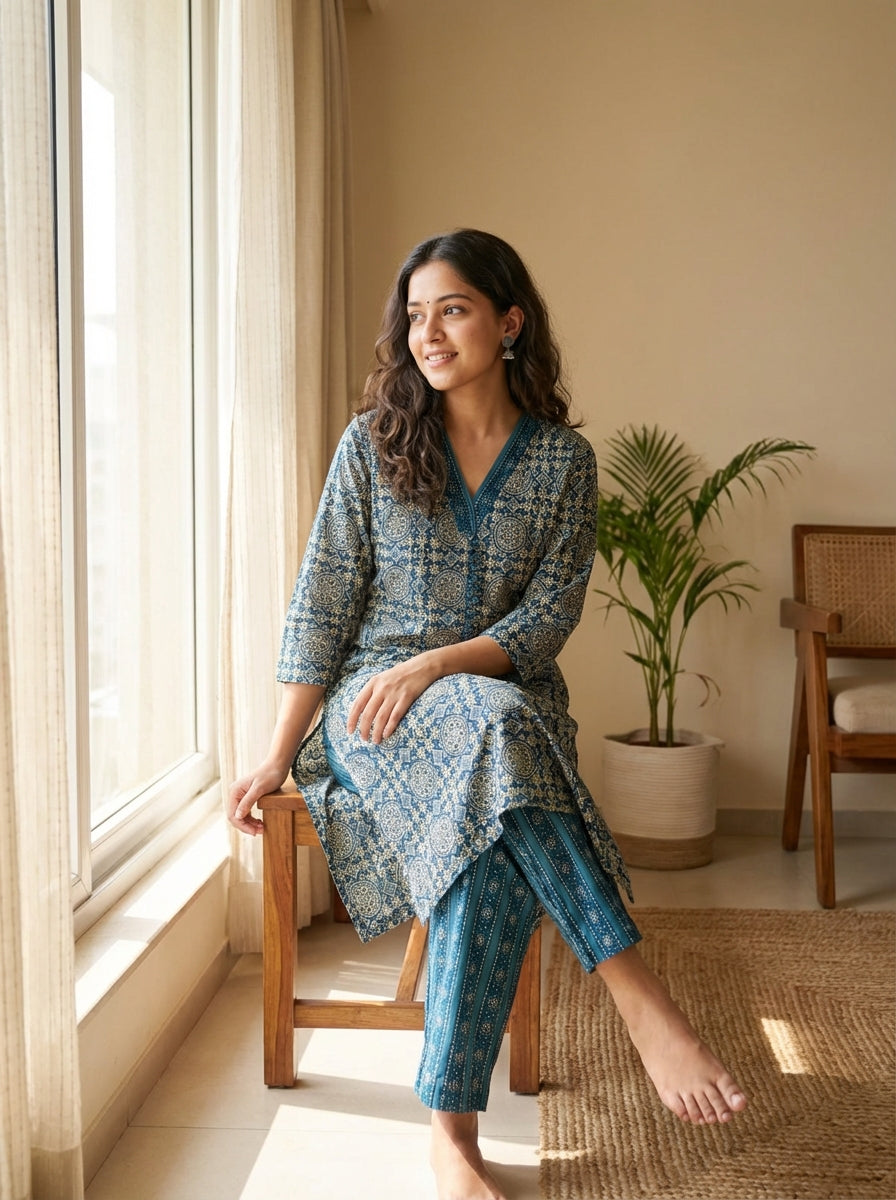 Neelrekha Ajrakh Cotton Coord Set