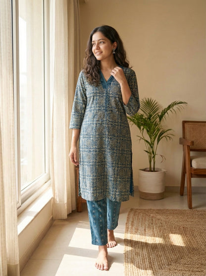 Neelrekha Ajrakh Cotton Coord Set