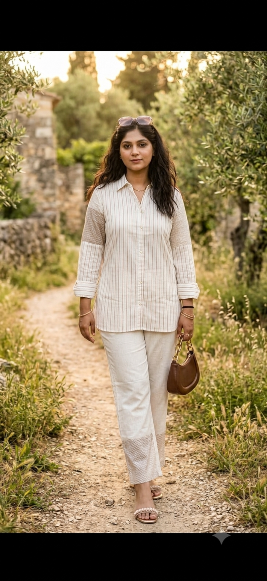 The Jute Texture Bird-Collar Shirt Set