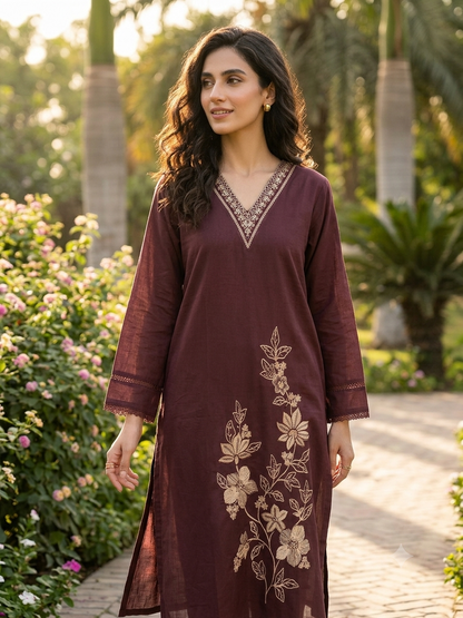Cocoa Bloom Embroidered Kurta Set