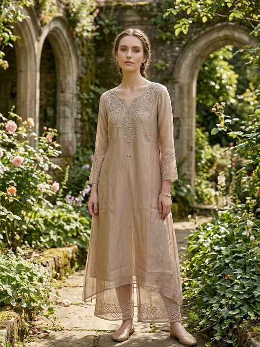 The Sitara Beige Silk Kurta Set