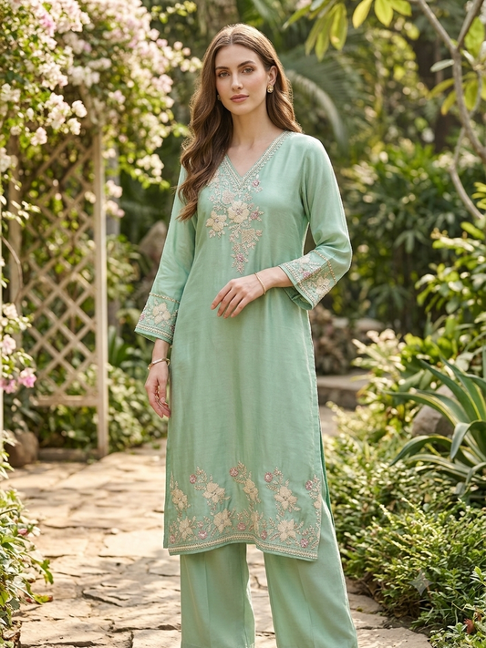 Pistachio Flora Chanderi Kurta