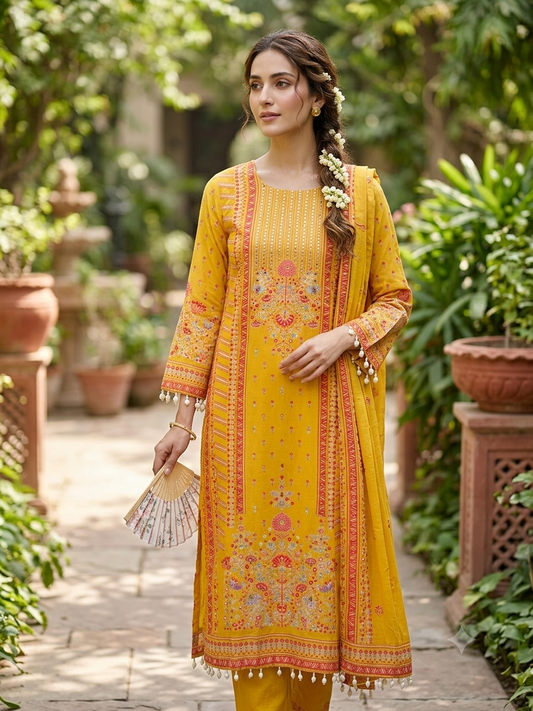 Mustard Floral Mirror-Work Kurta Set