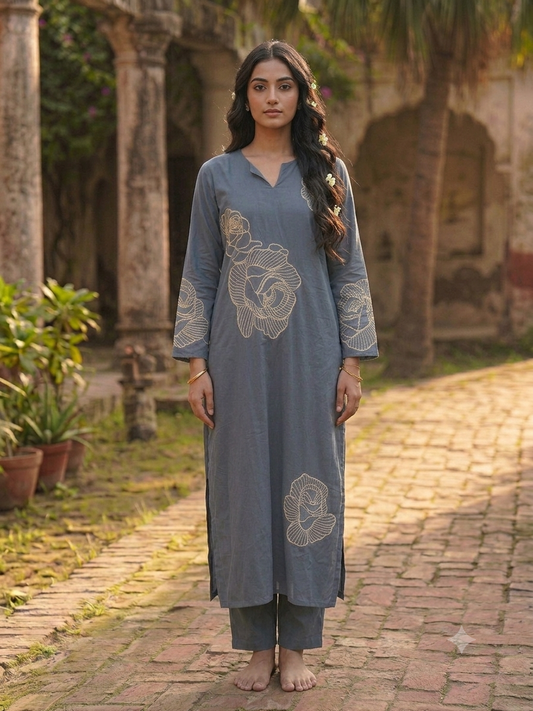 Slate Bloom Embroidered Kurta