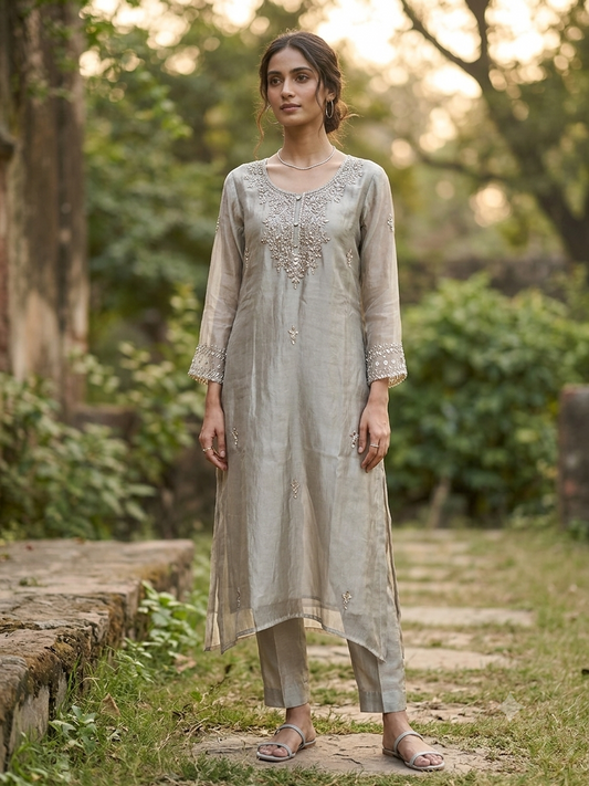 Metallic Slate Hand-Embroidered Kurta