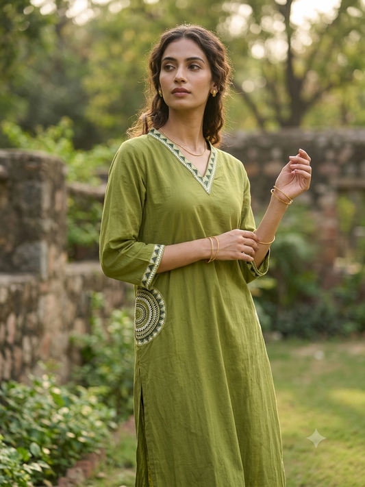 Mehendi Green Geometric Lace-Trim Suit Set