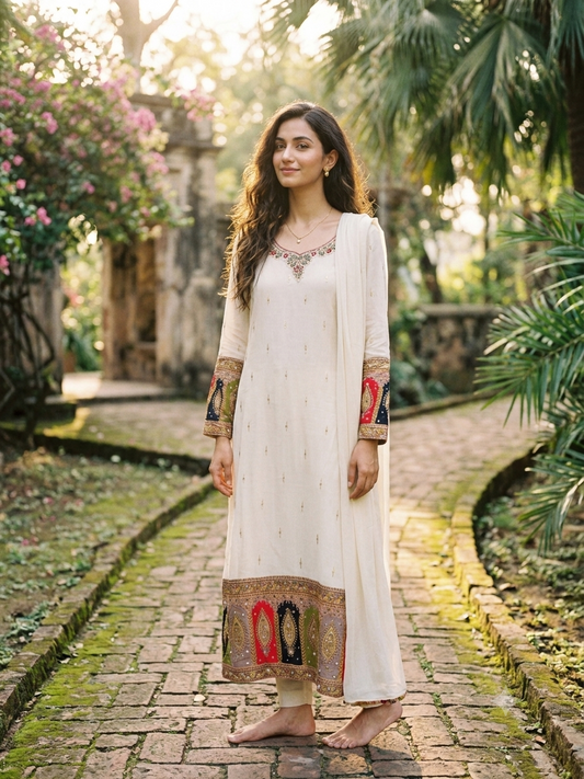🤍 Ivory Rangoli Embroidered Kurta Set