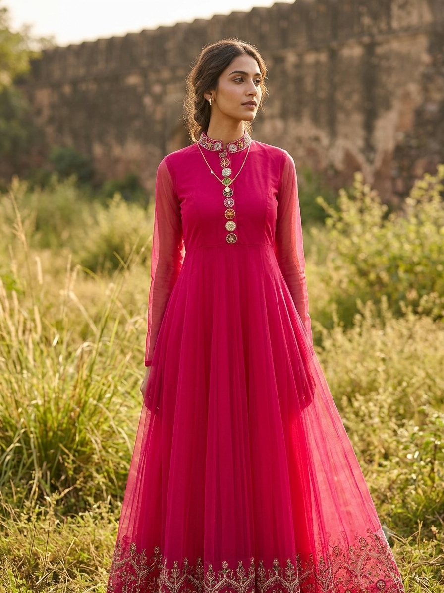 Rani Pink Mirror-Button Flared Suit