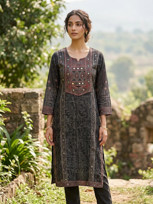 The Charcoal Ajrakh-Print Mirror-Work Anarkali