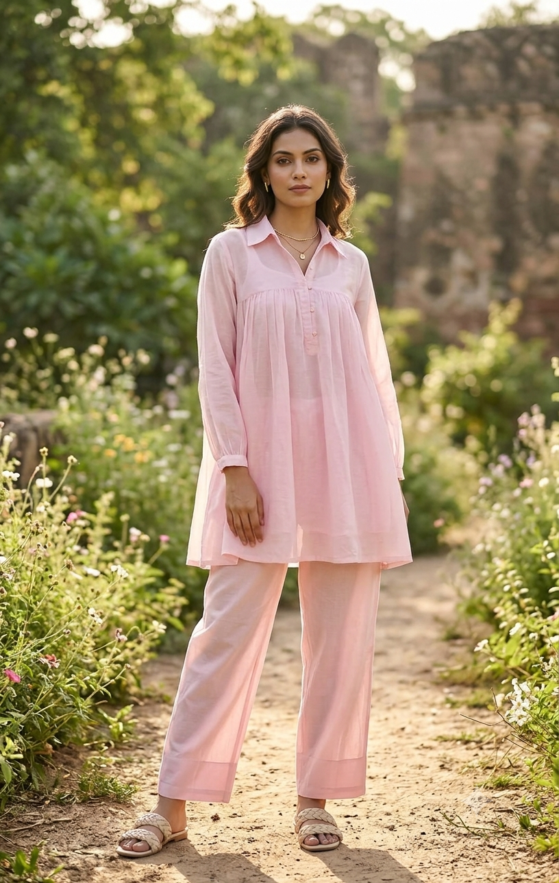 Blush Pink Floral Gathered Farshi Set