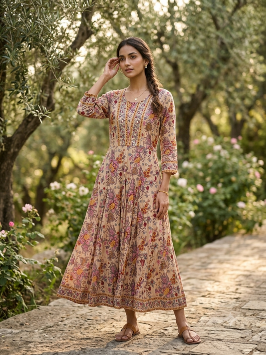 The Oatmeal Floral Kalamkari Flared Suit Set