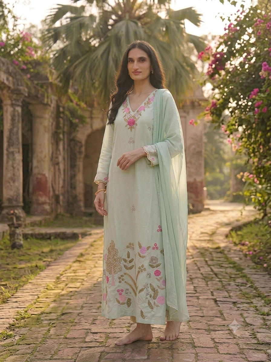 🌸 Pista Gulab Embroidered Suit Set