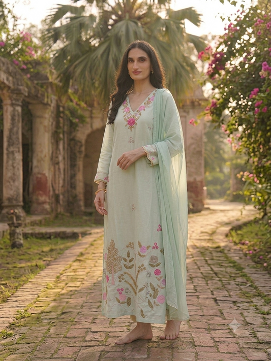 🌸 Pista Gulab Embroidered Suit Set