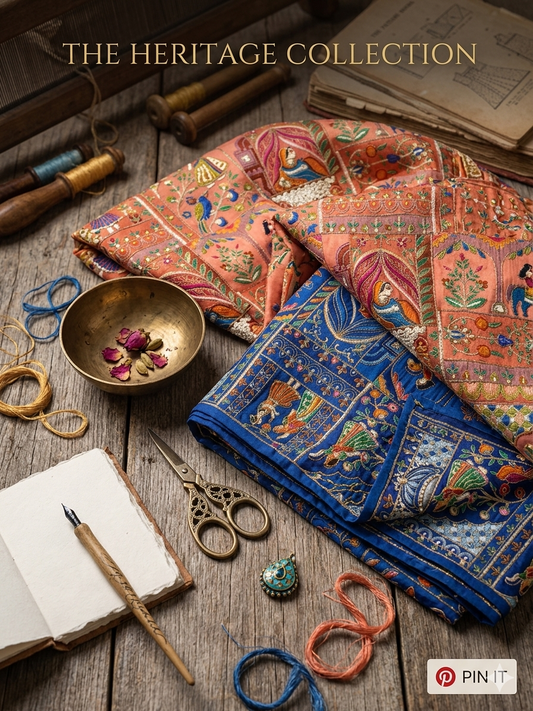 Mural-Print Heritage Cotton Fabric
(Available in Royal Indigo Blue and Dusty Peach-Coral)