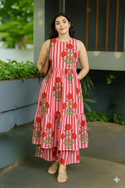 Coral Blossom Striped Cotton Fabric