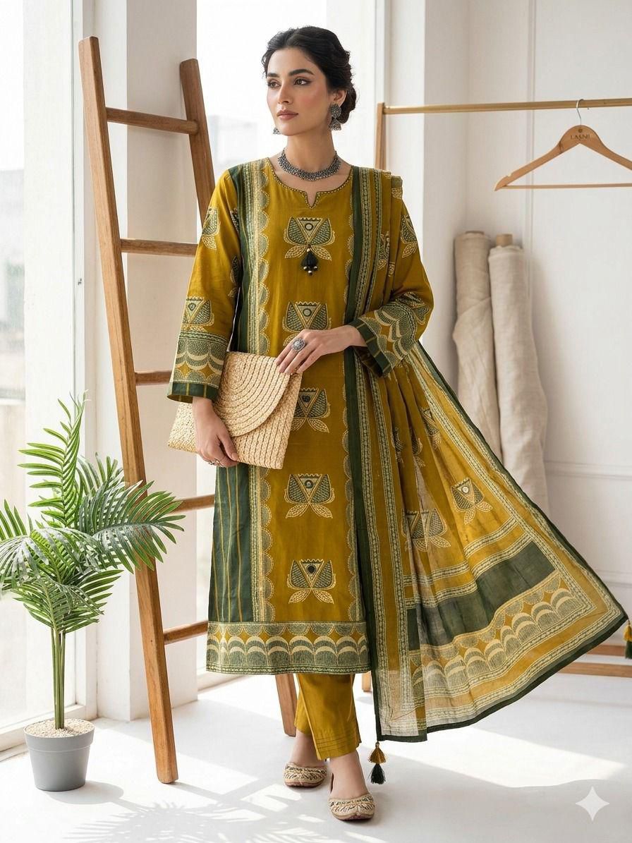 Reyah Mustard & Olive Block-Print Suit Set