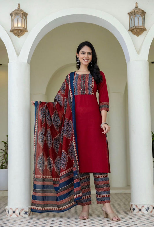 Crimson ajrakh grace suit set