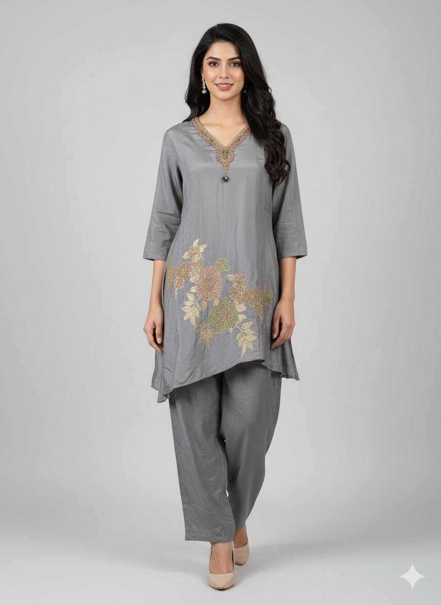 The Slate Grey Botanical Tissue-Silk Co-oord set