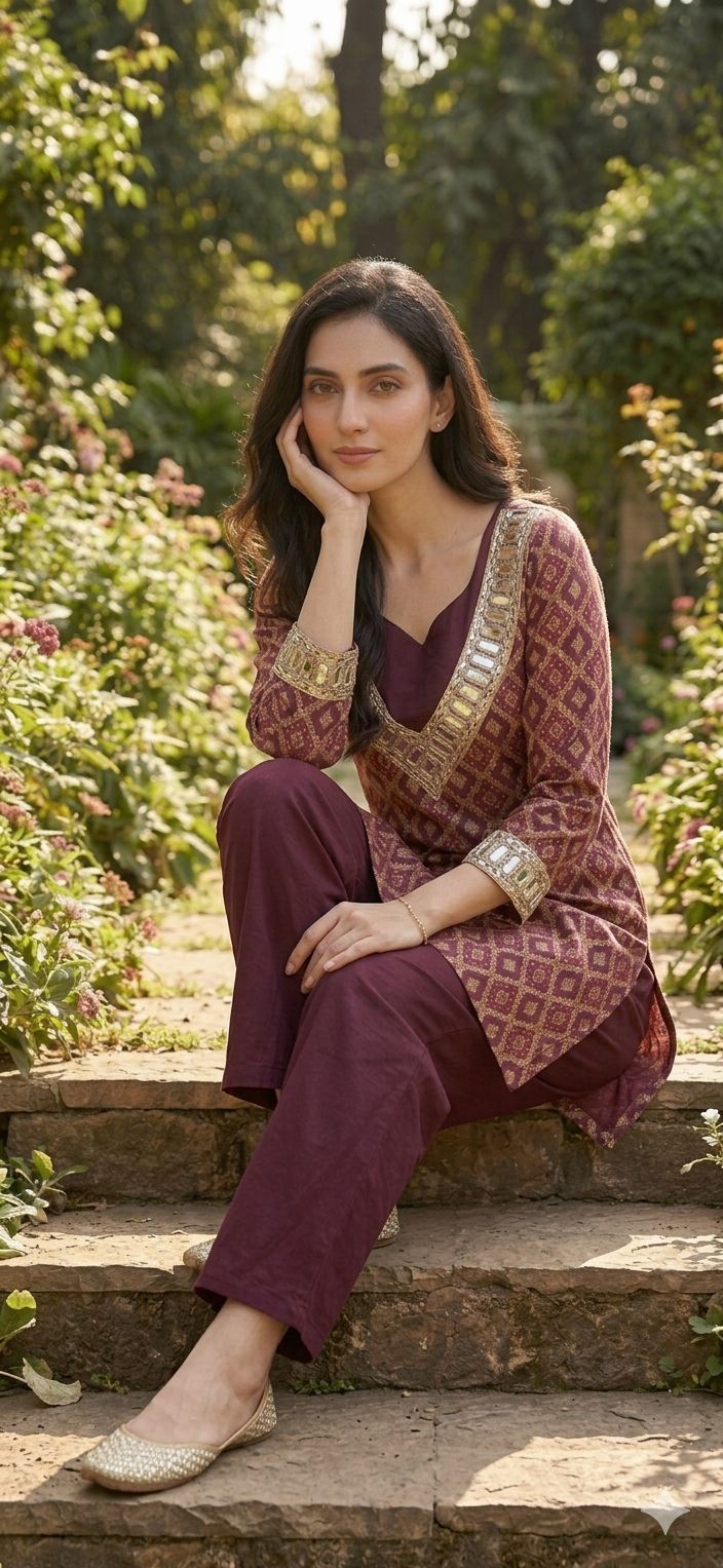 Noor Wine & Gold Geometric Co-ord Set