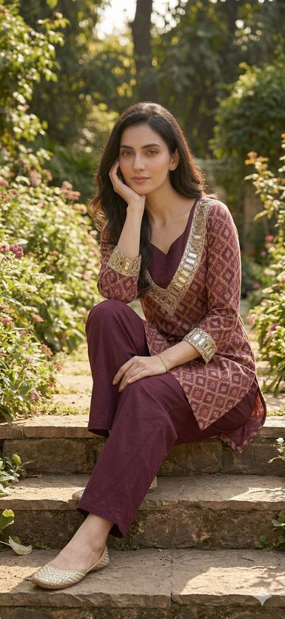 Noor Wine & Gold Geometric Co-ord Set
