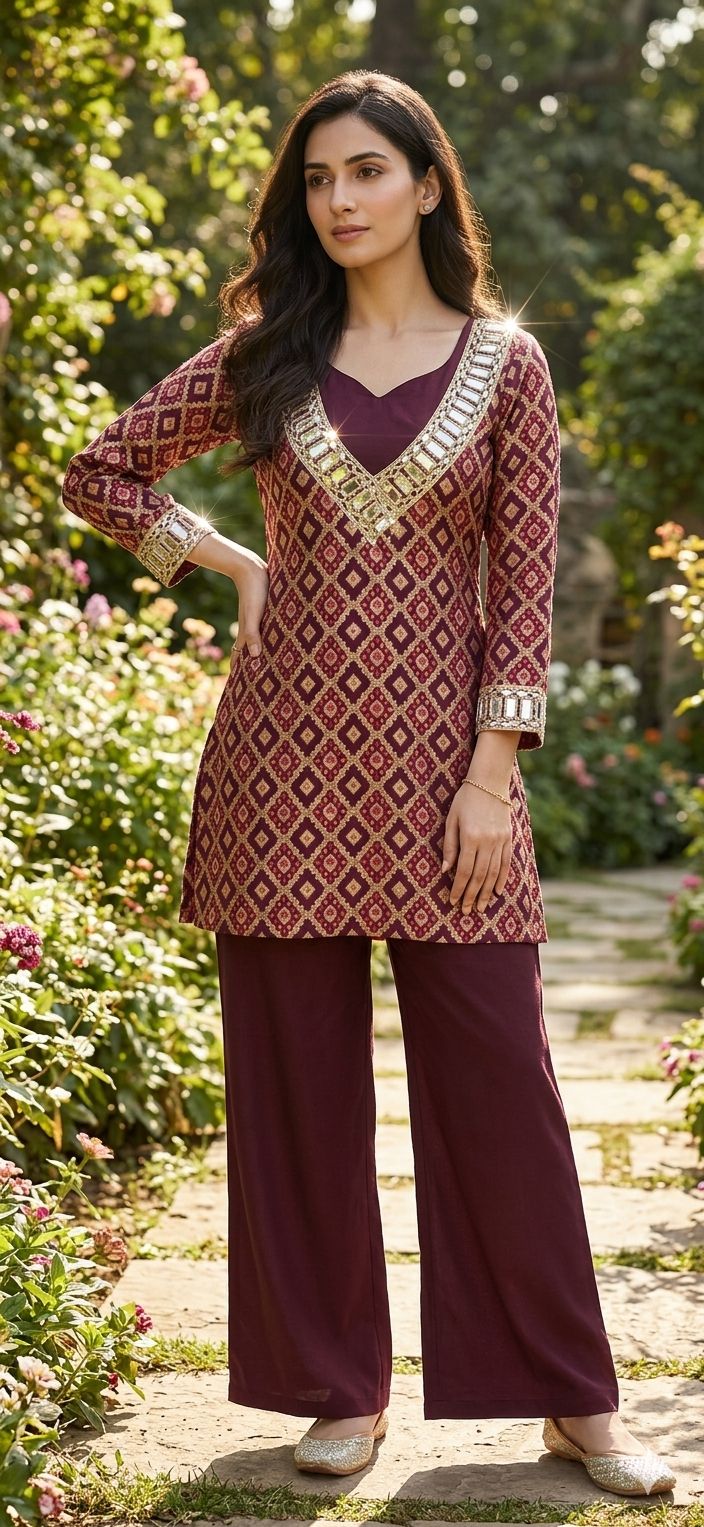 Noor Wine & Gold Geometric Co-ord Set