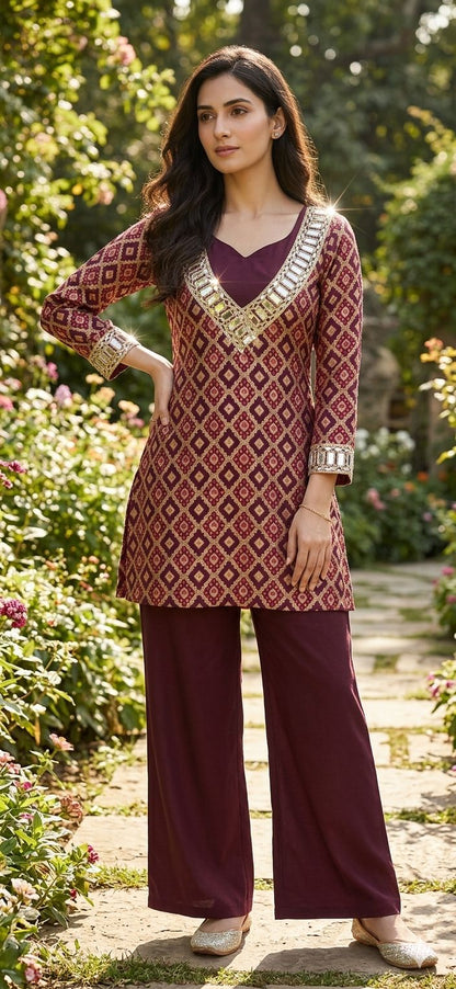 Noor Wine & Gold Geometric Co-ord Set