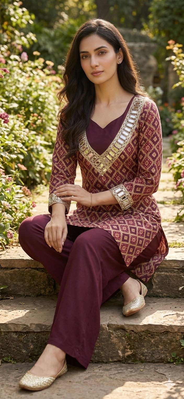 Noor Wine & Gold Geometric Co-ord Set