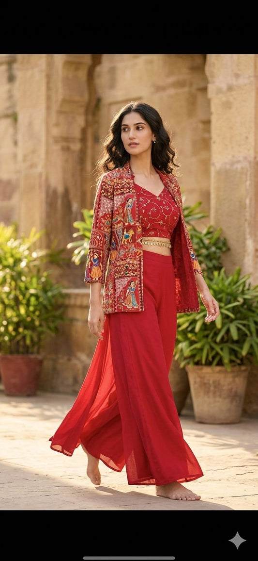 Siya Crimson Heritage Jacket & Sharara Set