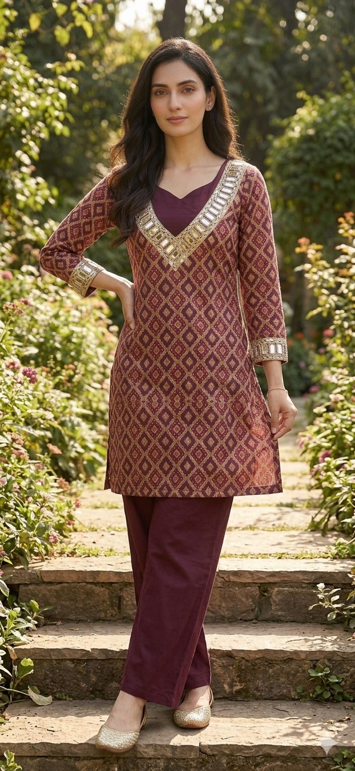 Noor Wine & Gold Geometric Co-ord Set