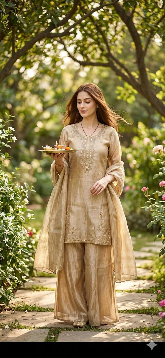 Noor Gold Tissue Sharara Suit Set