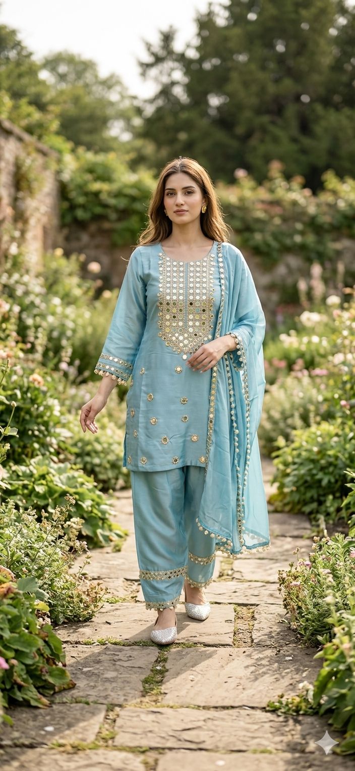 Aayat Powder Blue Mirror-Work Suit Set