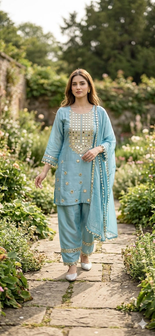 Aayat Powder Blue Mirror-Work Suit Set