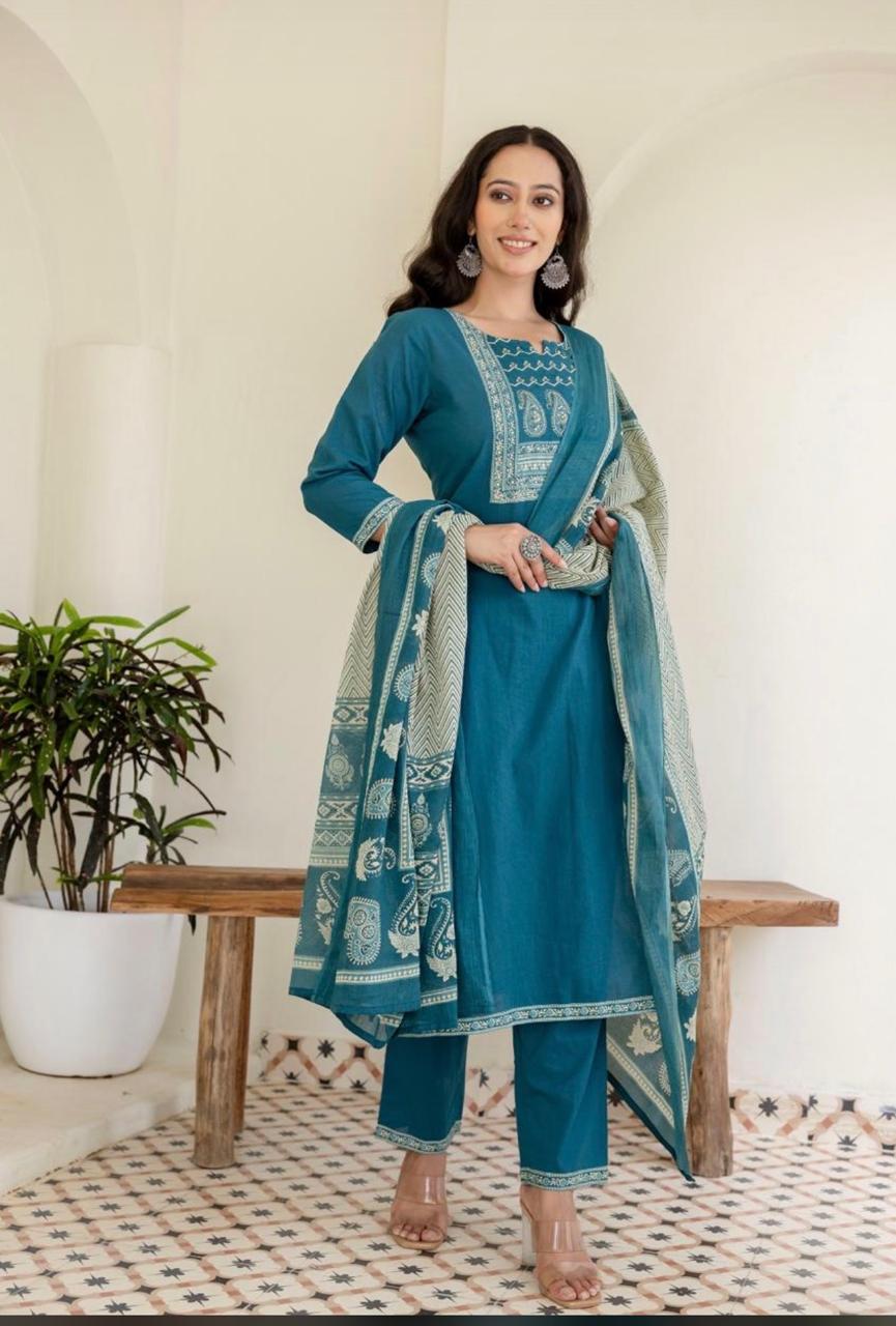 Reya Teal Paisley Cotton Suit Set