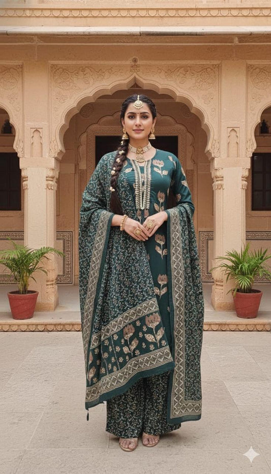 Noor Bottle Green Mughal Print Suit Set